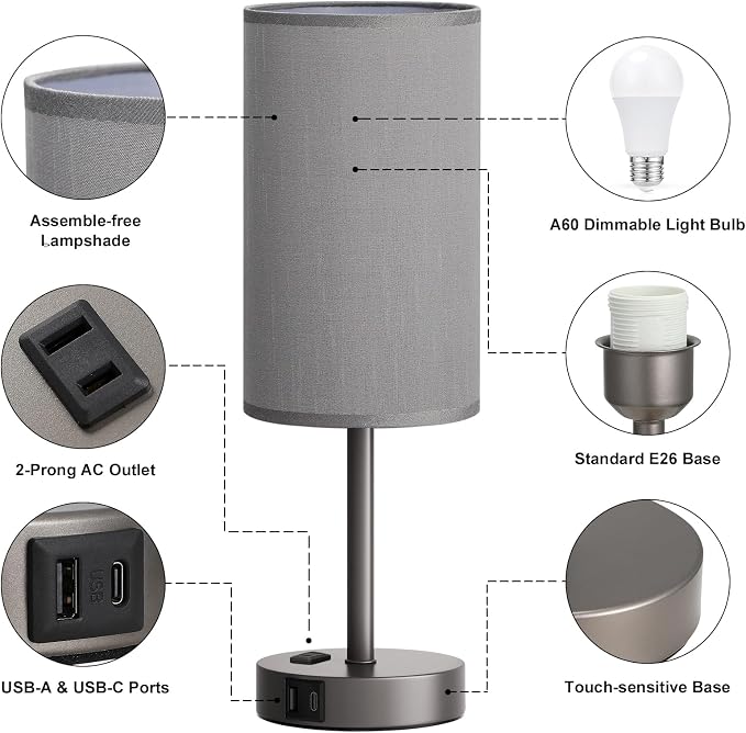 Fenmzee Grey Nightstand Bedroom Lamp - Image 7