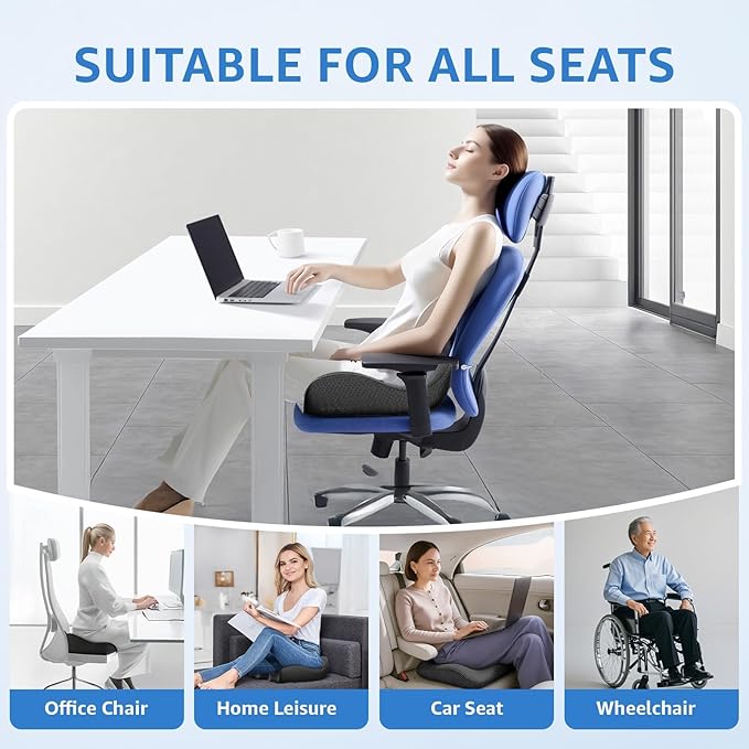 Extra Large Office Chair Cushion, 19" x 17" Ergonomic Memory Foam Seat Cushion for Tailbone, Back, Sciatica & Hip Pain Relief, Booster Pad for Sitting & Driving, Removable Washable Cover, Black-DeskLoop Office