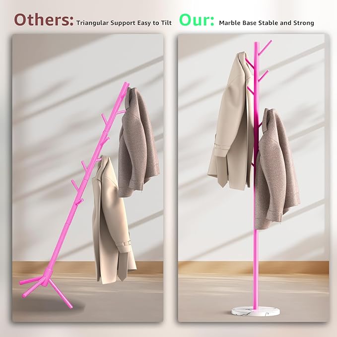 Coat Rack with Natural Marble Base, Metal Freestanding Coat Rack with 8 Hooks, 3 Adjustable Size Sturdy Coat Tree for Bags, Coats, and Hats for Entryway, Hallway, Bedroom, Office, Pink-DeskLoop Office