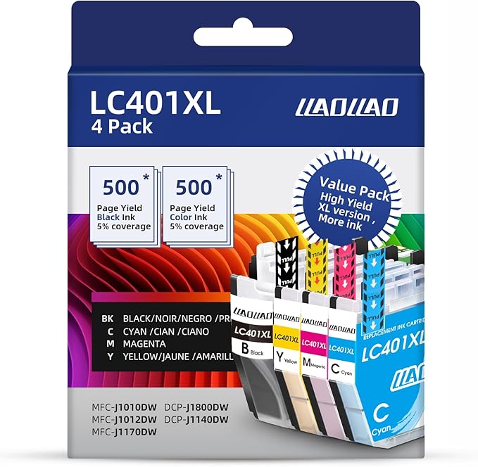 LC401XL Ink Cartridges Replacement for Brother LC401 LC401XL Ink Cartridges for Brother Printer MFC-J1010DW MFC-J1012DW MFC-J1170DW Black Cyan Magenta Yellow (4 Pack)-DeskLoop Office