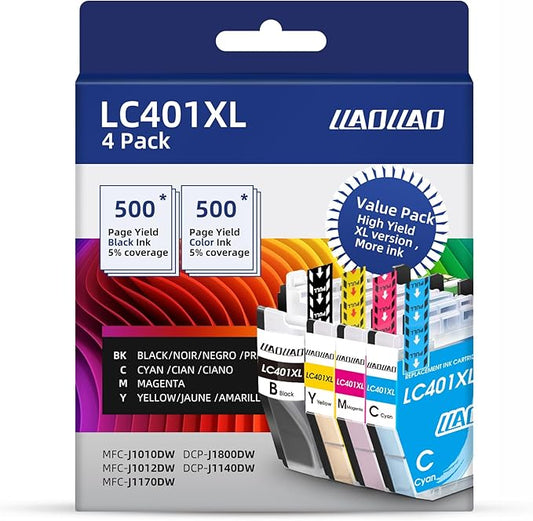 LC401XL Ink Cartridges Replacement for Brother LC401 LC401XL Ink Cartridges for Brother Printer MFC-J1010DW MFC-J1012DW MFC-J1170DW Black Cyan Magenta Yellow (4 Pack)-DeskLoop Office