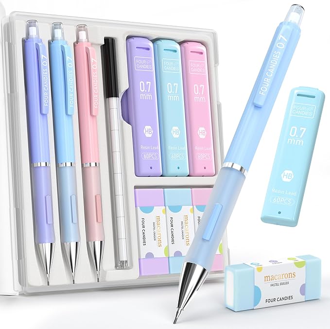 Four Candies Cute Pastel Mechanical Pencil Set, 3 Pack | 360 Lead Refills by FourCandies