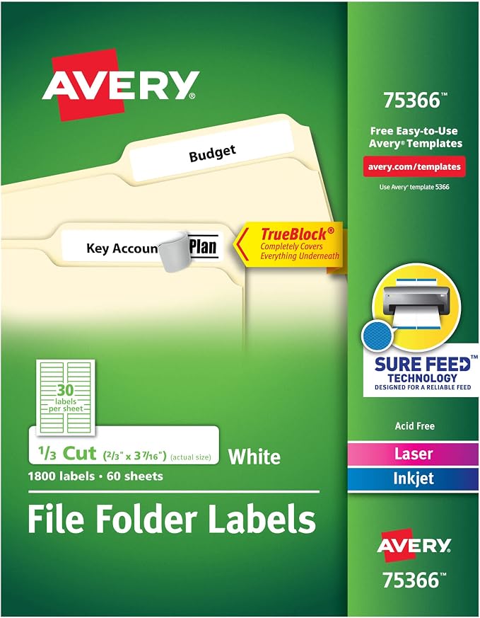 Avery TrueBlock File Folder Labels, 2/3" x 3-7/16", 800 Printable Labels by Avery