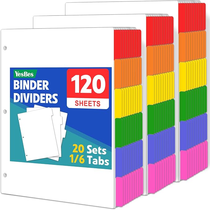 120 Pcs Binder Dividers with Multicolor Tabs, 1/6 Cut Tabs, Dividers by YesBes