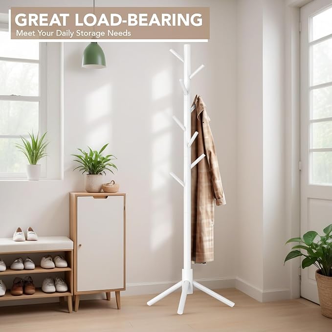 Wooden Tree Coat Rack Stand,Sturdy Freestanding Coat Rack with 8 Hooks,3 Adjustable Height for Child Adult,Wood Coat Stand Tree Fits Entryway Bedroom Office for Bags,Hats-DeskLoop Office