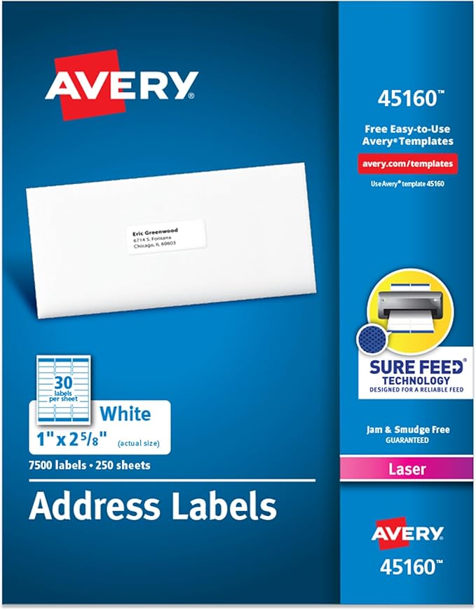 Avery Easy Peel Printable Address Labels with Sure Feed, 1" x 2-5/8" Customizable Stickers, White, 7,500 Blank Mailing Labels, Great for Mailing, Shipping, and More (45160)-DeskLoop Office