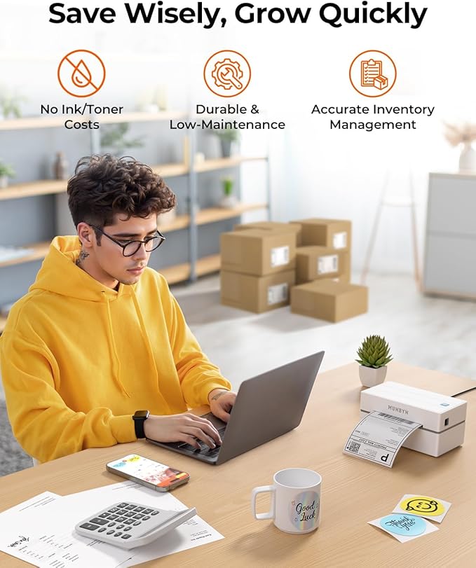 MUNBYN Bluetooth Thermal Label Printer, 130B Wireless 4x6 Shipping Label Printer for Shipping Packages Small Business Office or Home, Compatible with iPhone Android iPad Windows macOS Chrome Etsy eBay-DeskLoop Office