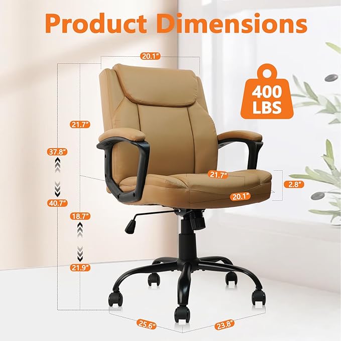 CLATINA Brown Office Computer Chair PU Leather Executive Swivel Adjustable Height Chairs with Upholstery Fixed armrest Mid-Back Leather Thick Cushion Office Chair Brown 8Pack-DeskLoop Office