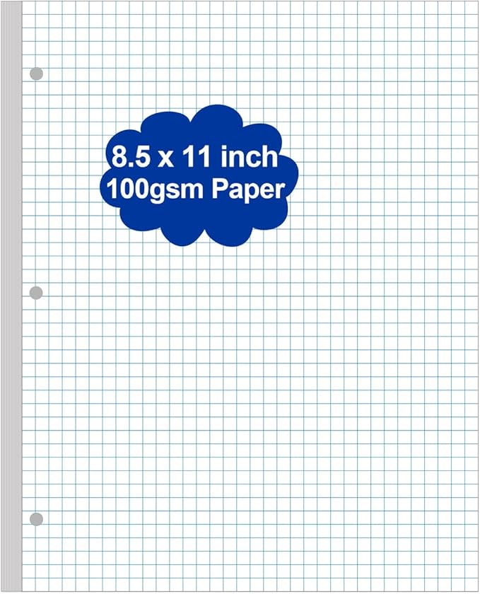 Grid Paper - 3 Hole Graph Paper, Letter Size 100 Sheets/200 Pages Loose-Leaf by Yaridar