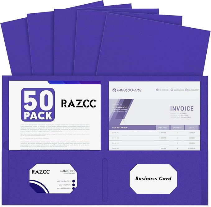 Two Pocket Folders, RAZCC 50 Pack 2 Pocket Folders Fit Letter Size Paper by RAZCC