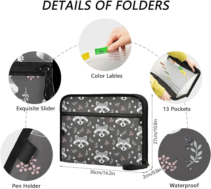 Expanding File Folder Raccoon Grey Accordion File Organizer 13 Pockets Document - Image 4