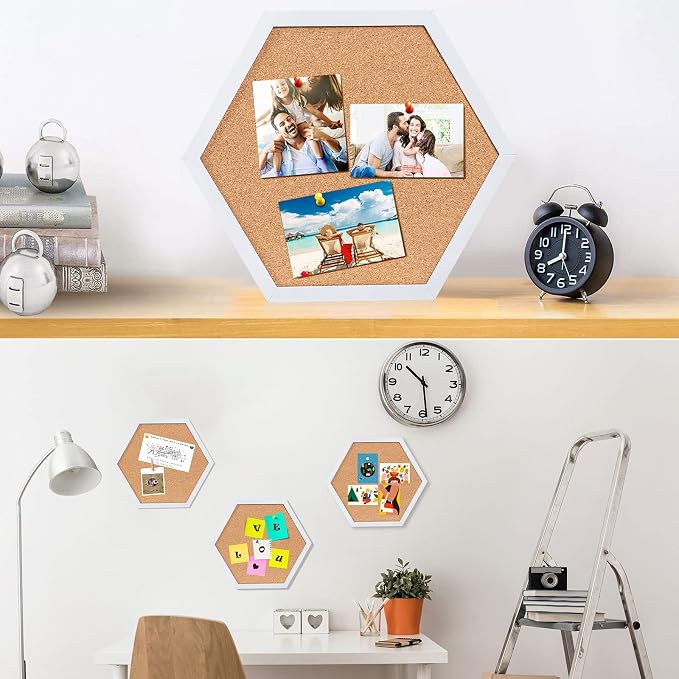 Cork Bulletin Board Hexagon White, Small Framed Corkboard Tiles - Image 2