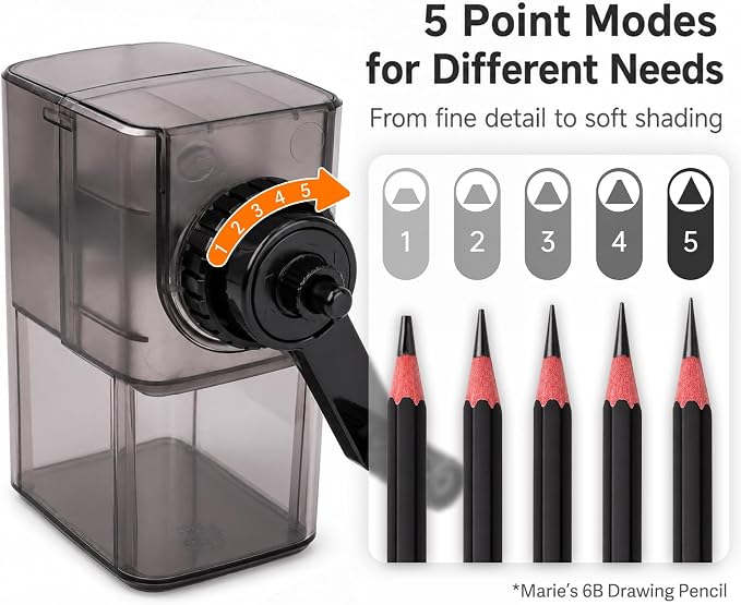Marie’s Manual Pencil Sharpener, 5 Point Modes, Transparent Shavings Bin - Image 5