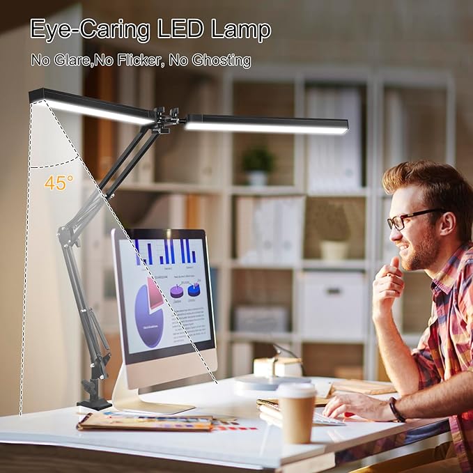 2-in-1 LED Desk Lamp, 24W Brightestwith Table Lamp with Clamp, Desk Light with Flexible Swing Arm,3 Color Modes Stepless Dimmable Double Head Architect Desk Lamps for Home Office Workbench Reading-DeskLoop Office