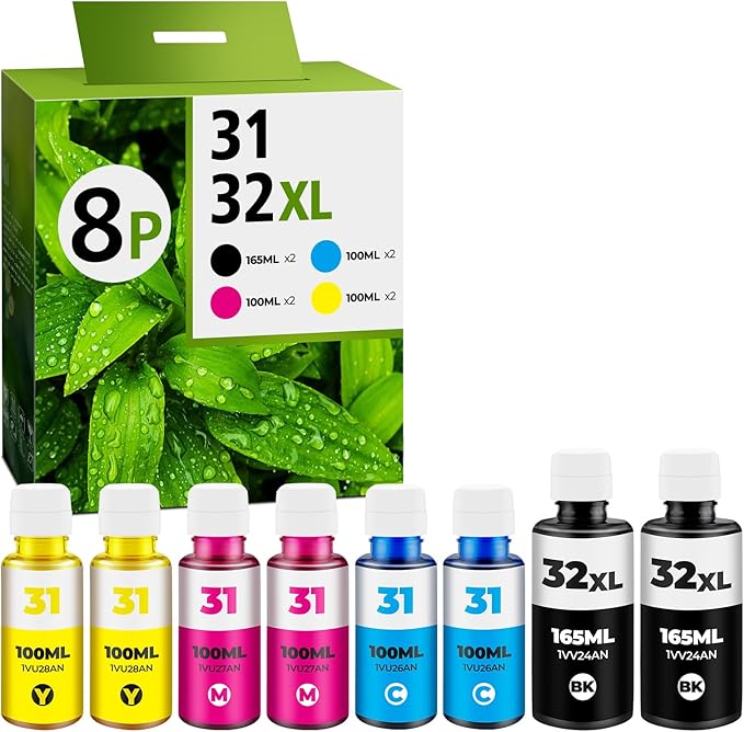31 Ink Bottle Set, 32XL Black Ink Bottle Set Compatible with HP Smart Tank Ink 7602 5101 651 6001 5000 5103 7301 7001 7302 Printers, 31 32XL Black Ink for Smart Tank 551 5102 7002 7006, 8Pack-DeskLoop Office