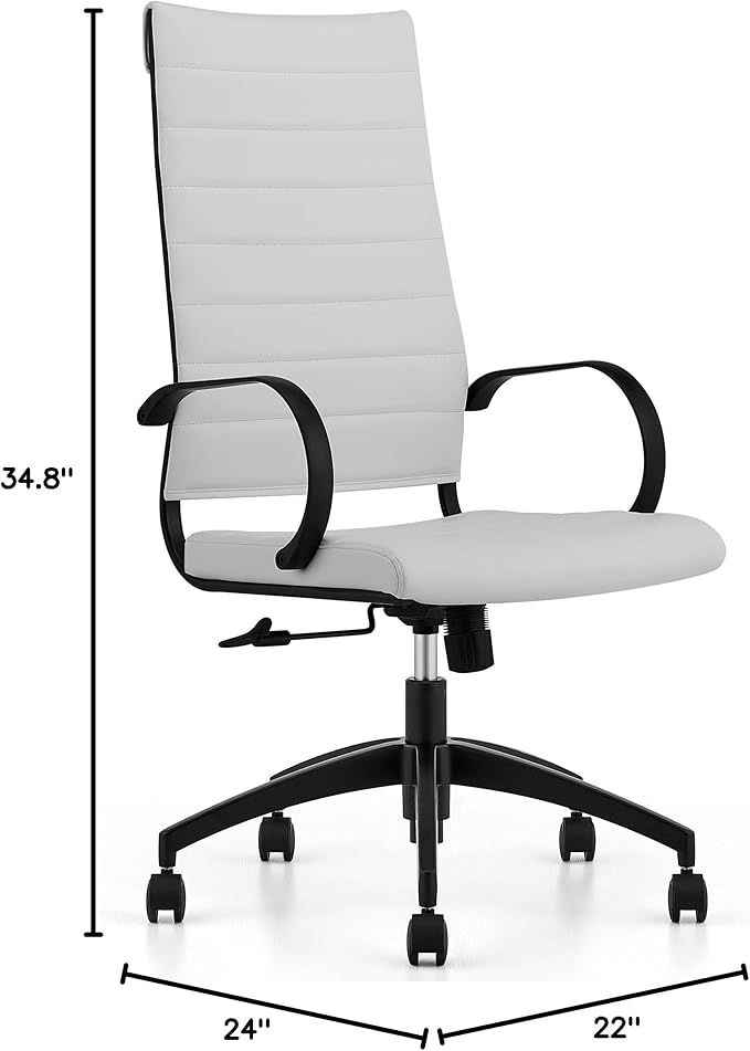 Ribbed High Back Conference Room Chairs - Lumbar Support, Modern Executive Home Office Chair - White Leather Seat & Black Aluminum Frame-DeskLoop Office