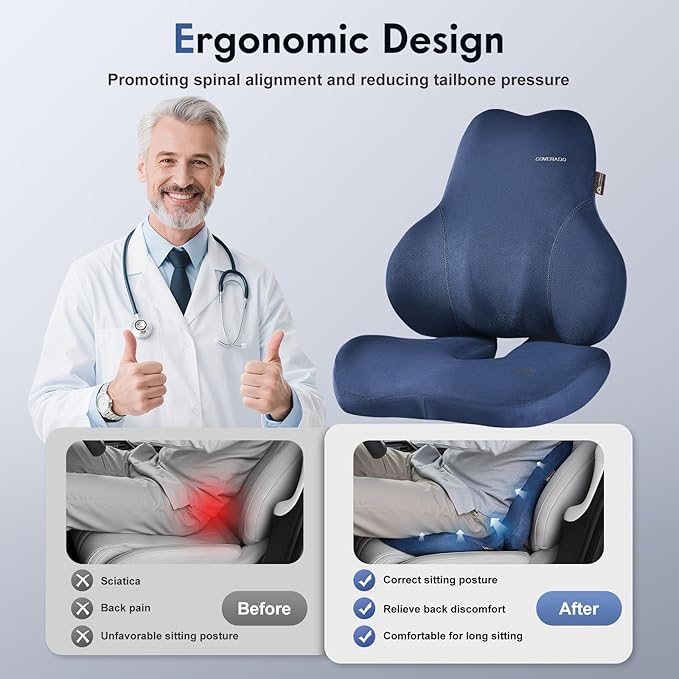 Coverado Memory Foam Car Seat Cushion and Lumbar Support Pillow for Car, Ergonomic Office Chair Cushion for Lower Back Pain Relief, Breathable & Non-Slip for Car, Home, and Office Use, Blue-DeskLoop Office