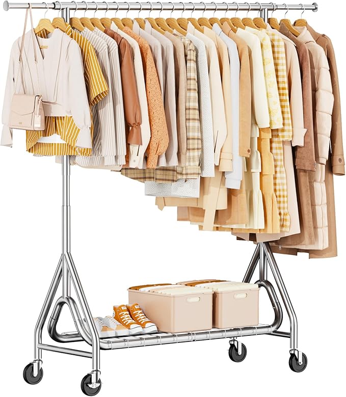 Heavy Duty Clothing Rack, Metal Clothes Rack Load 450 LBS, Rolling Coat Racks for Hanging Clothes with Lockable Wheels, Wardrobe Closet Garment Racks for Bedroom, Silver-DeskLoop Office