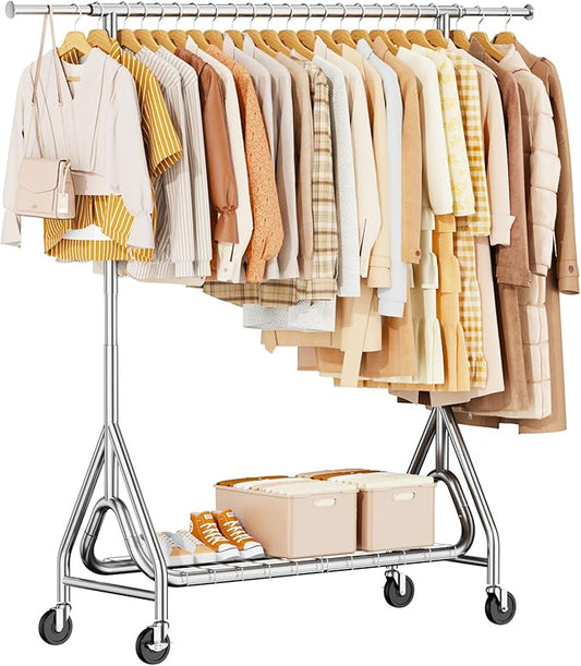Heavy Duty Clothing Rack, Metal Clothes Rack Load 450 LBS, Rolling Coat Racks for Hanging Clothes with Lockable Wheels, Wardrobe Closet Garment Racks for Bedroom, Silver-DeskLoop Office