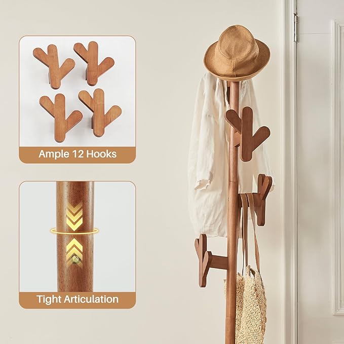 Uniclinens Solid Wood Coat Rack Freestanding with Umbrella Holder, Tree Coat Rack Stand with Lockable Universal Casters & 12 Hooks for Entryway Bedroom, Walnut-DeskLoop Office