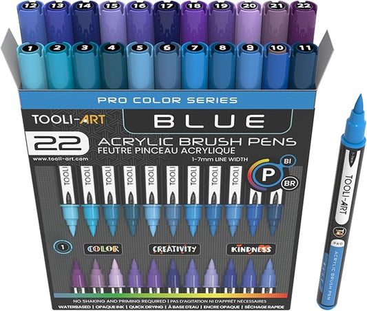 22 Flexible Brush Tip Acrylic Paint Pens Markers Set 1-7mm Line for Rock Painting, Brush Lettering, Glass, Mugs, Wood, Metal, Canvas, Fabric, Plastic. Non Toxic Waterbased Quick Drying Assorted Blue-DeskLoop Office