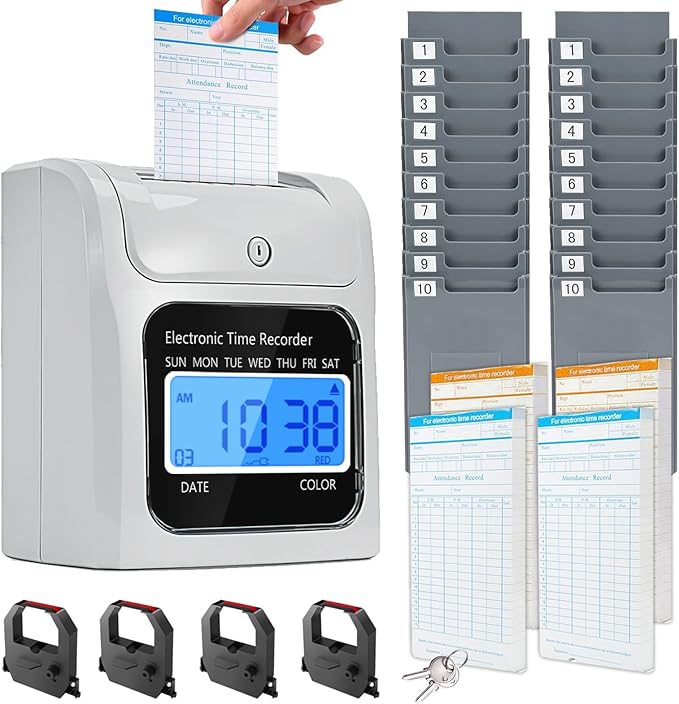 Time Clock Bundle with 200 Time Cards, 4 Ink Ribbons, 2 Ten-Slot Time Card Racks, & 2 Security Keys, Auto-Align Employee Time Clocks for Small Business-DeskLoop Office