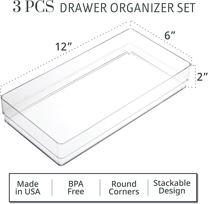 STORi SimpleSort 3-Piece Stackable Clear Drawer Organizer, Wide Makeup Vanity - Image 2