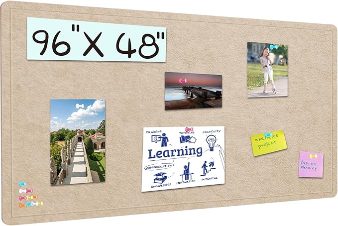 Extra Large Bulletin Board, 96 X 48 inches Cork Board with 30 Pushpin, 8' x 4' Felt Cork Board Notice Pin Board, Self-Adhesive Vision Board Mood Board Foldable Photo Board for Wall - Beige Brown-DeskLoop Office