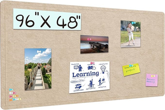 Extra Large Bulletin Board, 96 X 48 inches Cork Board with 30 Pushpin, 8' x 4' Felt Cork Board Notice Pin Board, Self-Adhesive Vision Board Mood Board Foldable Photo Board for Wall - Beige Brown-DeskLoop Office