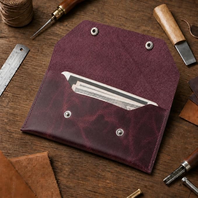 Genuine Leather Cash Envelope Wallet, Two Snap Money Pouch - Image 4