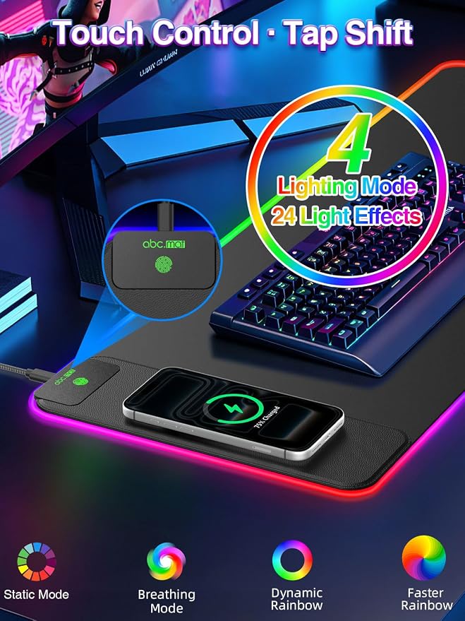 XL RGB Gaming Mouse Pad with 15W Magnetic Wireless Charging, 31.5'' x 11.8'' - Image 4