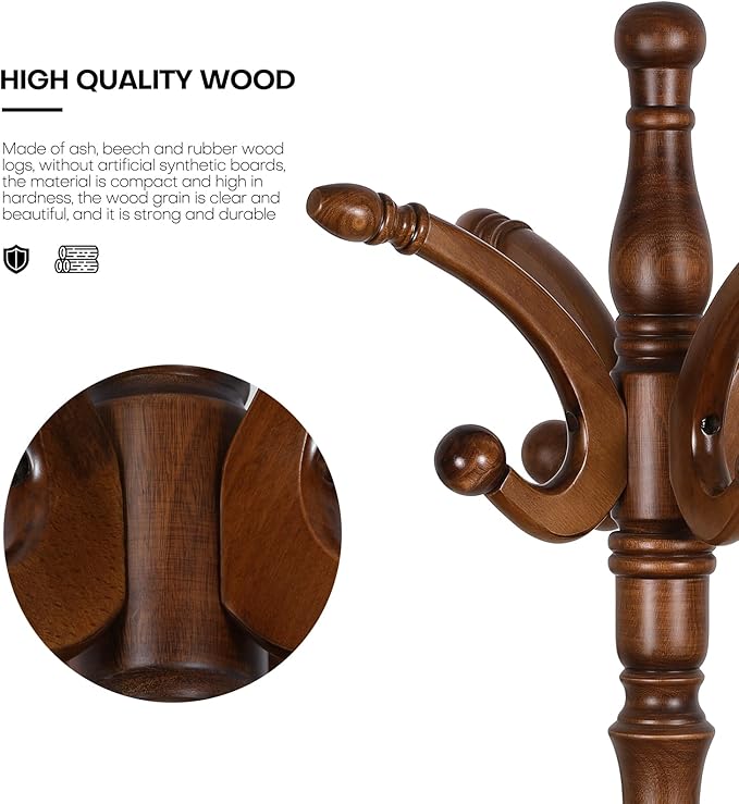 Coat Rack Freestanding Tree Stand with 8 Hooks, 79'' Heavy Duty Premium Ash Wood Hanger Stand, Floor Standing Clothes Hat for Entryway, Corner,Hallway,Bedroom, Office,Brown-Style 2-DeskLoop Office