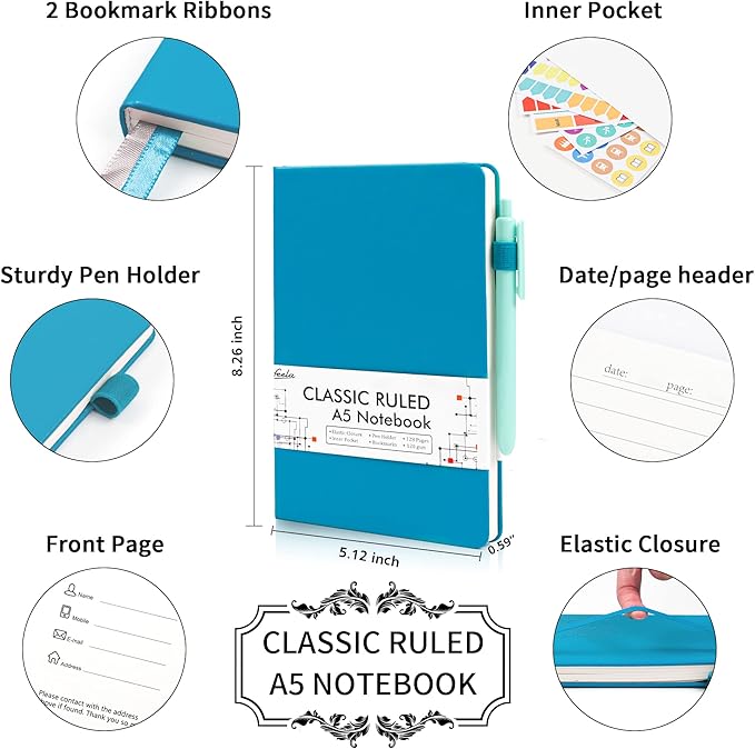feela 24 Pack Journal Notebook Bulk for Work, Business Notebook Hardcover Lined Writing Journal with Pen Holder for Men Women Note Taking, with 24 Black Pens, 120 GSM, 5.1”x8.3”, A5, Teal-DeskLoop Office