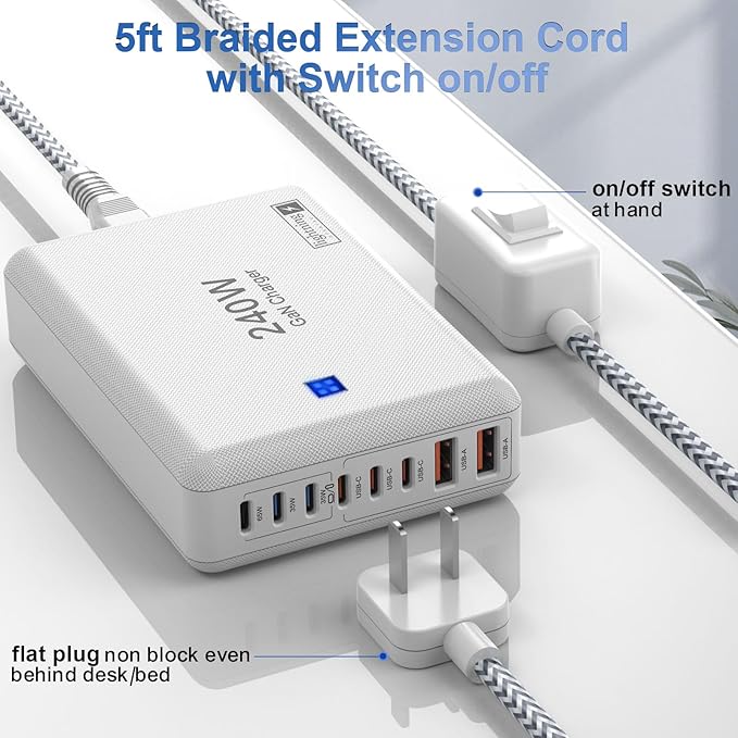 240W Fast Charging Blocks, 8-Port Charging Station for iPhone/Ipad/MacBook, 6C2A PD GaN Charger Box, USB Tower Hub 5ft Braided Power Cord with On/Off Switch, Flat Plug, Travel Essentials-DeskLoop Office