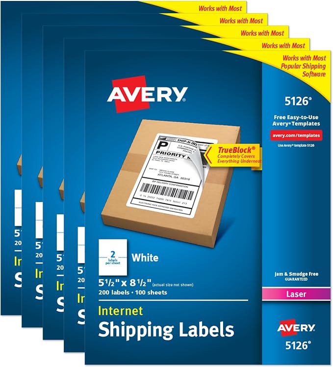 Avery Half-Sheet Printable Shipping Labels, 5.5" x 8.5" Customizable Stickers by Avery