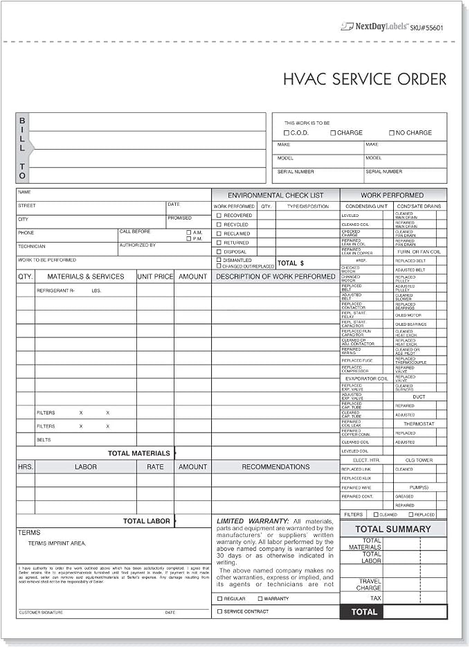 HVAC Service Order Invoice & Repair Detail Form, 3 Part Forms Carbonless 100 by NextDayLabels