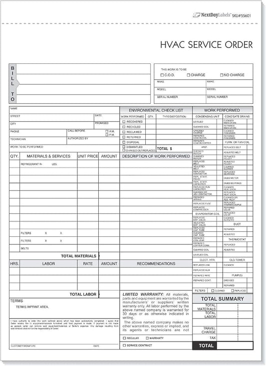 HVAC Service Order Invoice & Repair Detail Form, 3 Part Forms Carbonless 100 by NextDayLabels