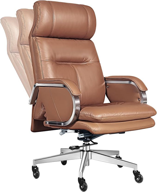 Genuine Leather Modern Executive Chair High-Back Support 90 to 150 Degrees Tilt and Upholstered Home Desk Chair with Base 400LB Capacity Swivel Computer Office Chair (Orange)-DeskLoop Office