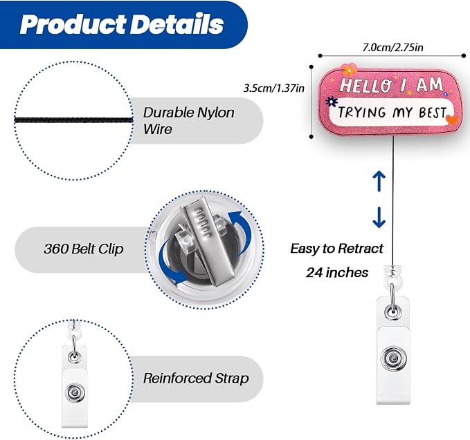 HELLO I AM TRYING MY BEST Funny Badge Reel, Name Work Badge Clip - Image 4
