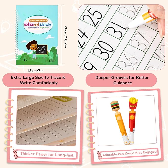 Large Size Grooved Writing Books for Kids Age 3-5 6-8, 8 Pack Magic Grooved Writing Practice Copybooks, Handwriting Prastice with Cute Fade-Resistant Pens, Workbooks Number Letter Tracing for Kids-DeskLoop Office