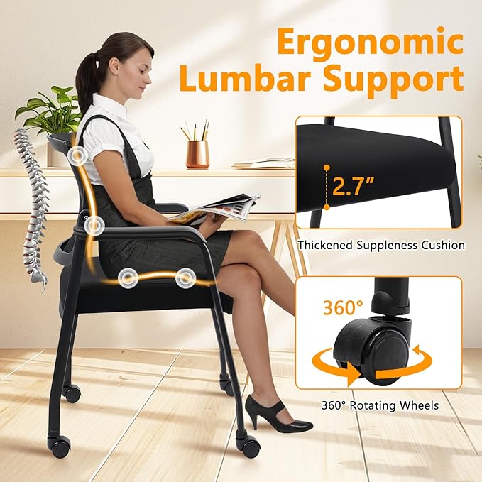 Waiting Room Chairs with Wheels, Adjustable Mesh Backrest, Desk Chair with Ergonomic Lumbar Support and Thickened Seats Cushion, 4 Pack Black-DeskLoop Office