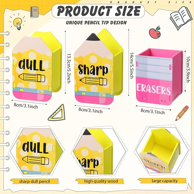 DoubleFill 3 Pcs Sharp and Dull Pencil Holder Eraser Buckets Wooden Shaped - Image 2