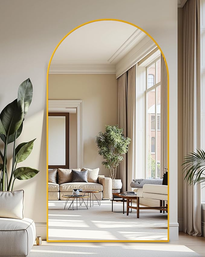Full Length Mirror, 86"x46" Oversized Floor Mirror Freestanding, Full Body Mirror Floor Standing Mirrors with Stand, Hanging Mounted Mirrors for Bedroom Living Room, Gold, Arched Style-DeskLoop Office