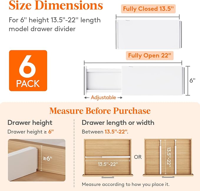 Lifewit 6 Pack 6" High Drawer Dividers 34-56cm/13.5-22" Adjustable Drawer - Image 2