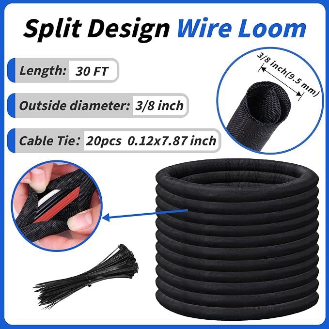 30FT Split Braided Sleeve Cable Management, 3/8 Inch Wire Loom Tubing Cord - Image 2