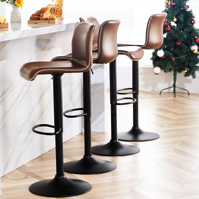 HeuGah Swivel Bar Stools Set of 4, Counter Height Bar Stools with Back, Adjustable Bar Stools 24" to 32", Brown Faux Leather Bar Chairs for Kitchen Island (Brown, Set of 4 (24'' to 32''))-DeskLoop Office