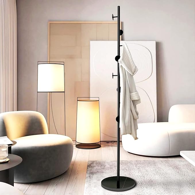 Coat Tree Freestanding, Metal Coat Rack Tree with 8 Hooks, Free Standing Hanger for Hats Scarves Purses Umbrellas, Coat Stands with Stable Base for Entryway Bedroom, Black-DeskLoop Office