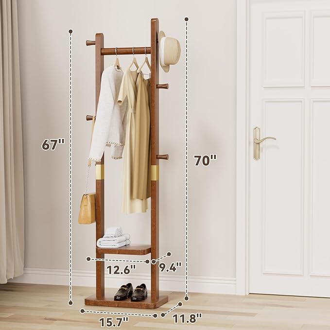 Solid Wood Coat Rack, Coat Rack Freestanding with 2 Shelves and 5 Hooks, Heavy Duty Coat Tree for Entryway，Living room，Coat Hanger Stand for Hats, Bags (Walnut Brown)-DeskLoop Office