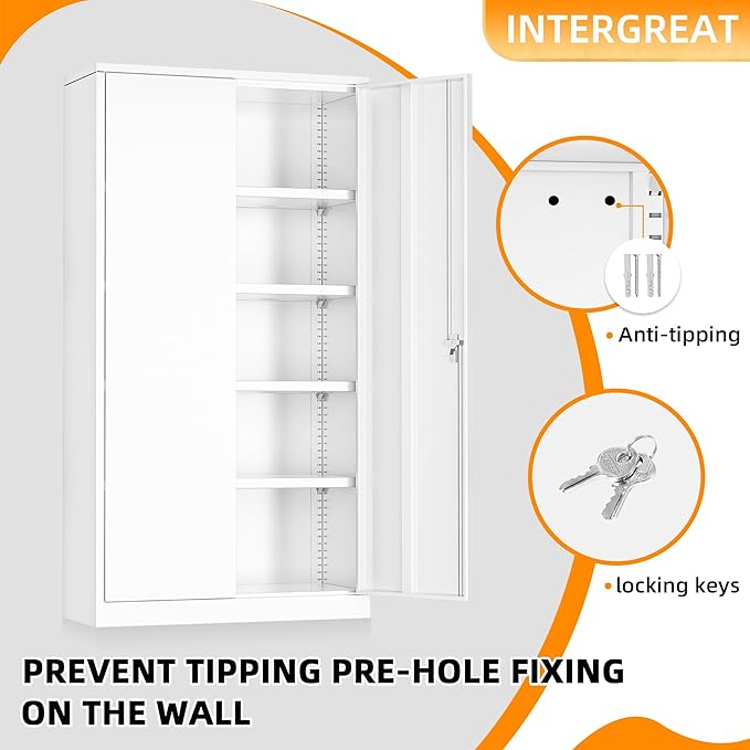 INTERGREAT Garage Storage Cabinets with Doors and Shelves,72" Tall White Steel Locking Cabinets Storage, Metal Cabinet for Home Office, Warehouse, School-DeskLoop Office