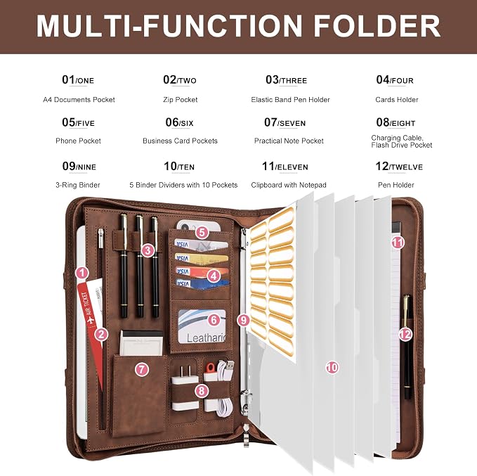 Leathario Portfolio Binder, Includes 5 Folder Index Dividers, 13 Inch Tablets - Image 6